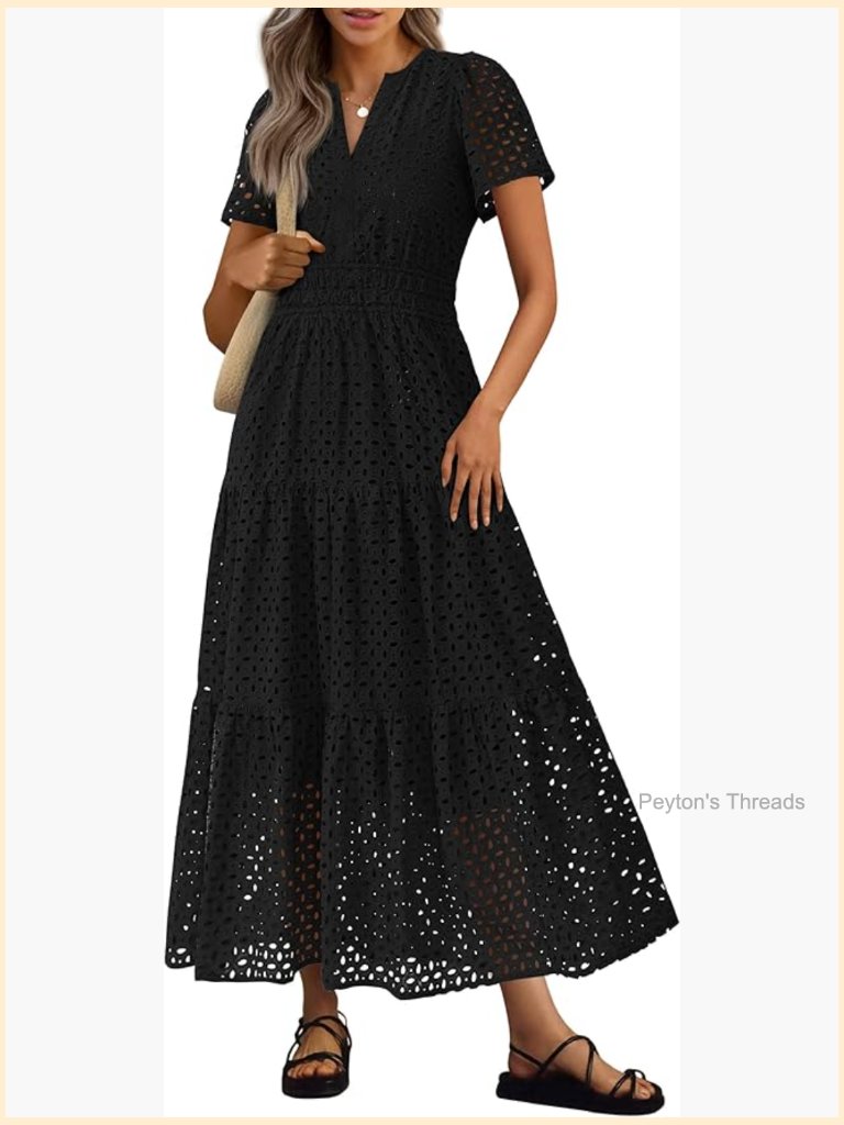 Short Sleeve V Neck Eyelet A Line Maxi Dress Flowy Beach Vacation